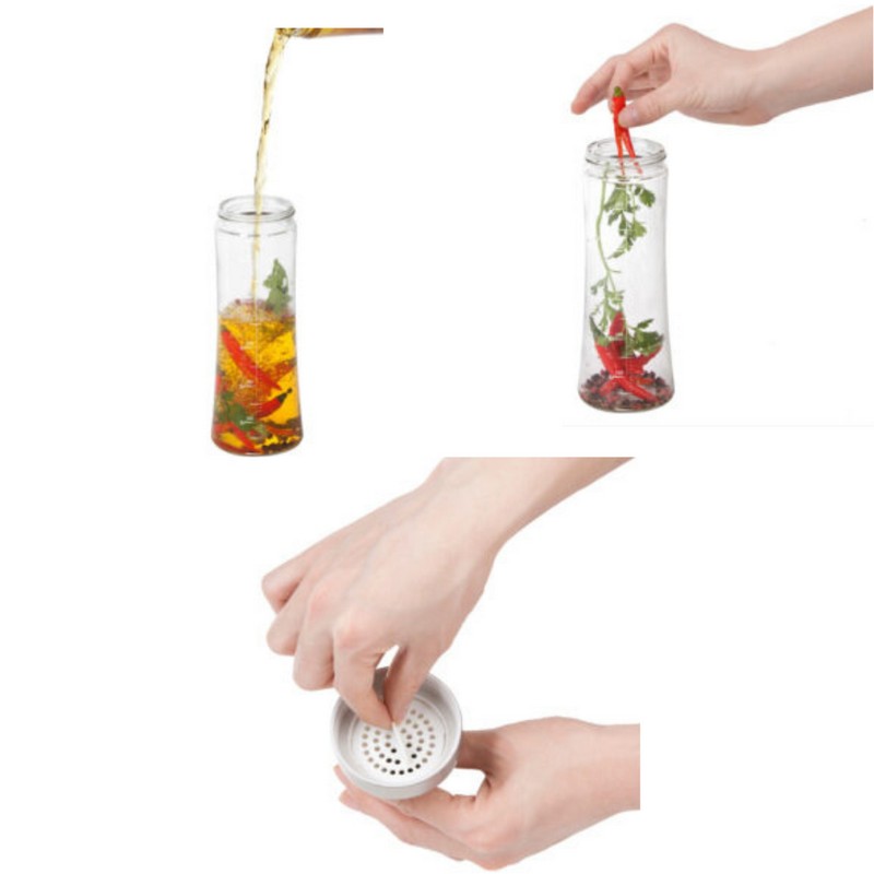 Oliera in vetro borosilicato trasparente con beccuccio salvagoccia e filtro per aromatizzare l'olio, capacità 750 ml